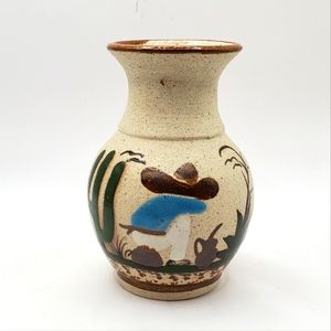 Vintage Mexican Pottery Folk Art Tonala Vase Man Sombrero Studio Art Pottery 5"